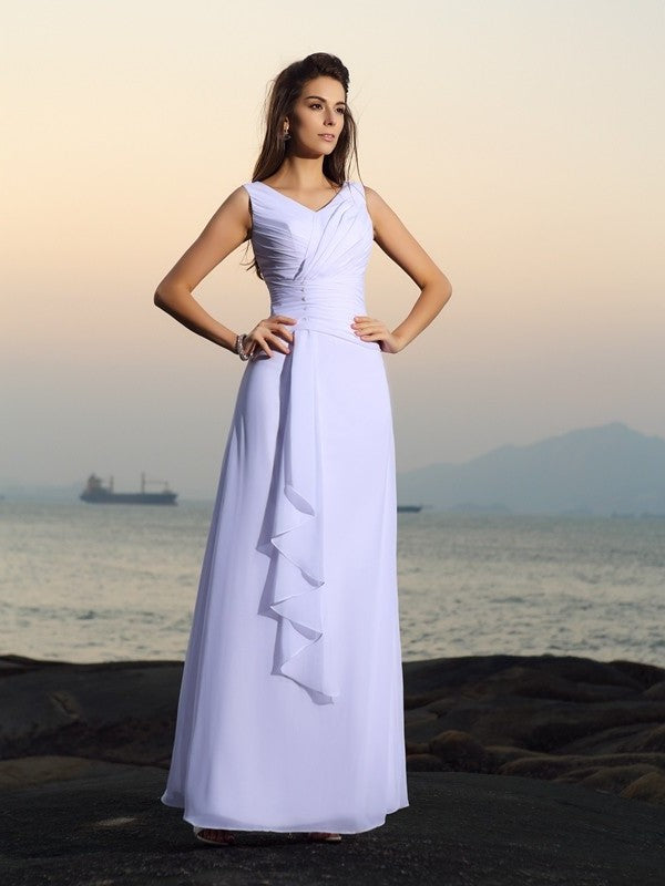 Pleats Sleeveless Chiffon V-neck Long A-Line/Princess Beach Wedding Dresses