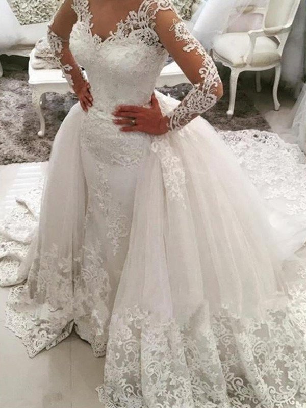 Train Applique Long Ball Cathedral Gown Lace V-neck Sleeves Tulle Wedding Dresses