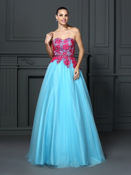 Ball Sweetheart Long Lace Gown Sleeveless Satin Quinceanera Dresses