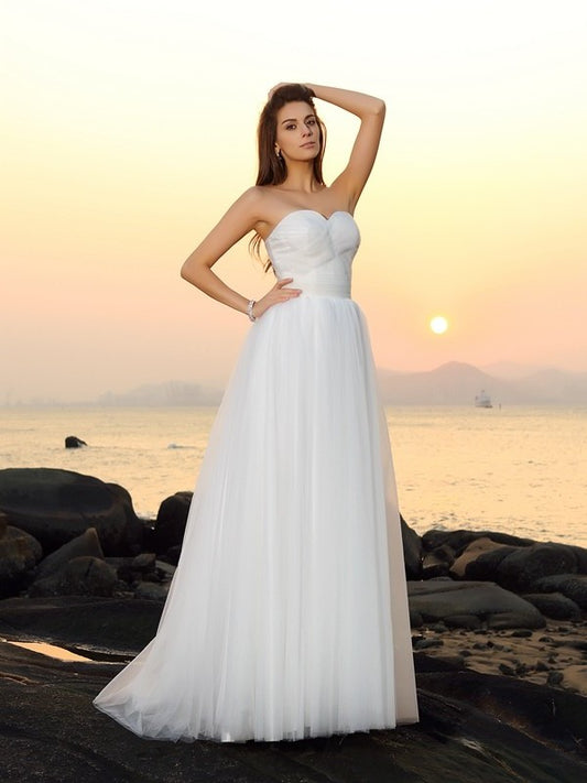 Sleeveless Sweetheart A-Line/Princess Net Long Beach Wedding Dresses