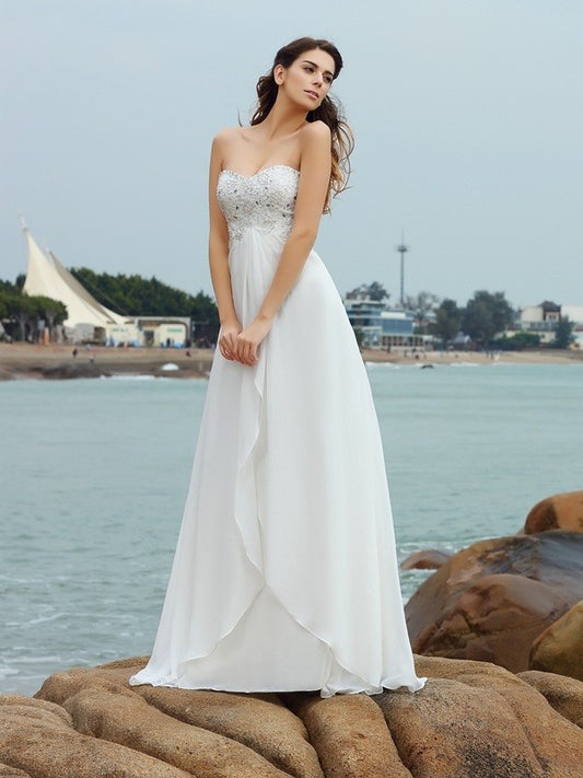 Beading Long Sweetheart Chiffon Sleeveless A-Line/Princess Beach Wedding Dresses