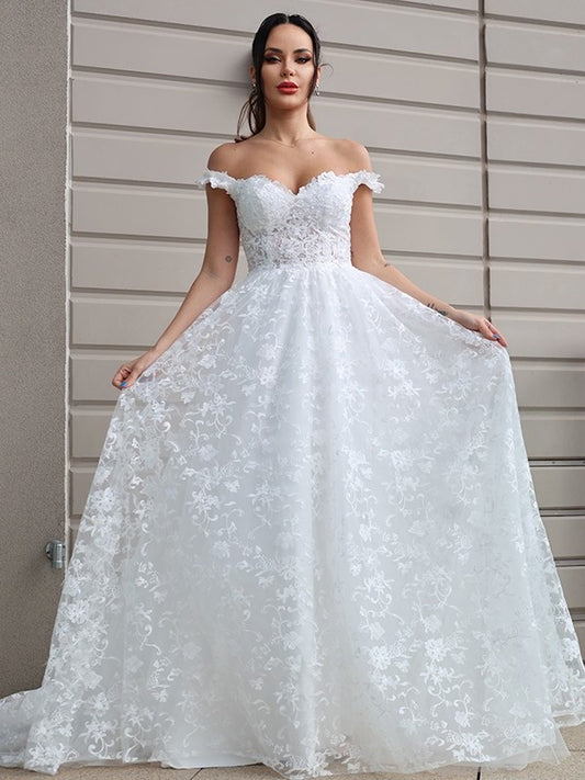 Sleeveless Tulle Applique Off-the-Shoulder Sweep/Brush A-Line/Princess Train Wedding Dresses