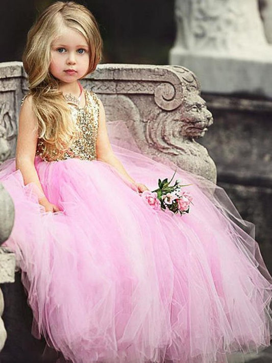 Tulle Sleeveless Floor-Length Sequin Scoop Ball Gown Flower Girl Dresses