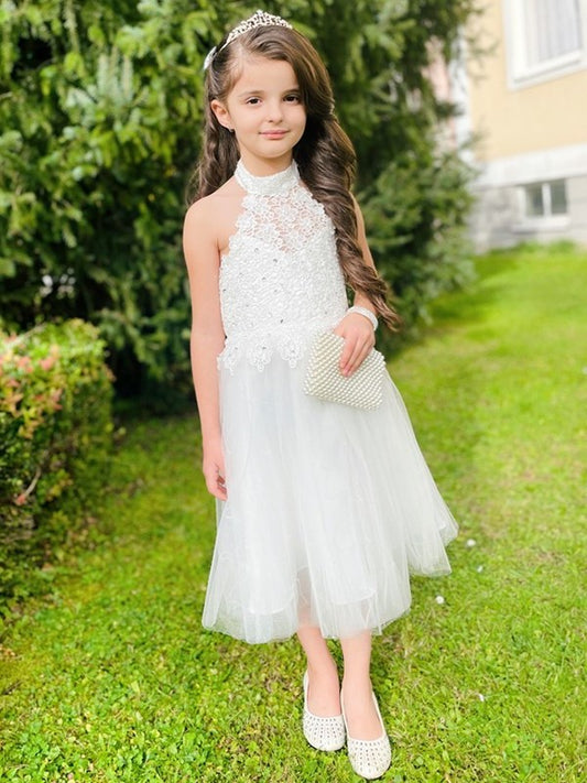 Tulle Halter Sleeveless Lace A-Line/Princess Knee-Length Flower Girl Dresses