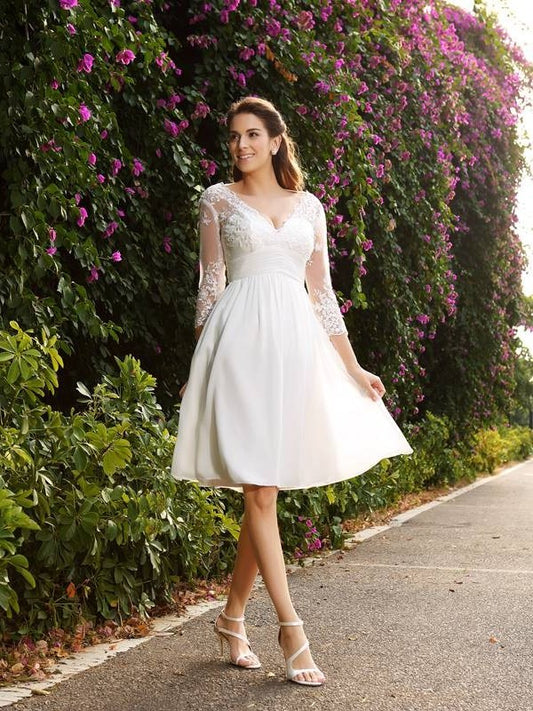 Sleeves A-Line/Princess Short V-neck 3/4 Chiffon Wedding Dresses
