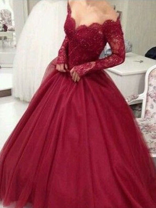 Ball Long Sleeves Gown Floor-Length V-neck Lace Tulle Dresses