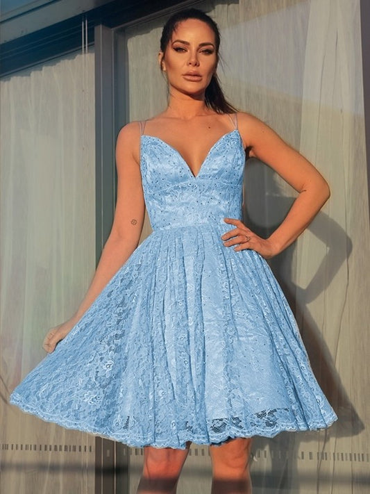 Sleeveless Lace Satin A-Line/Princess V-neck Short/Mini Homecoming Dresses