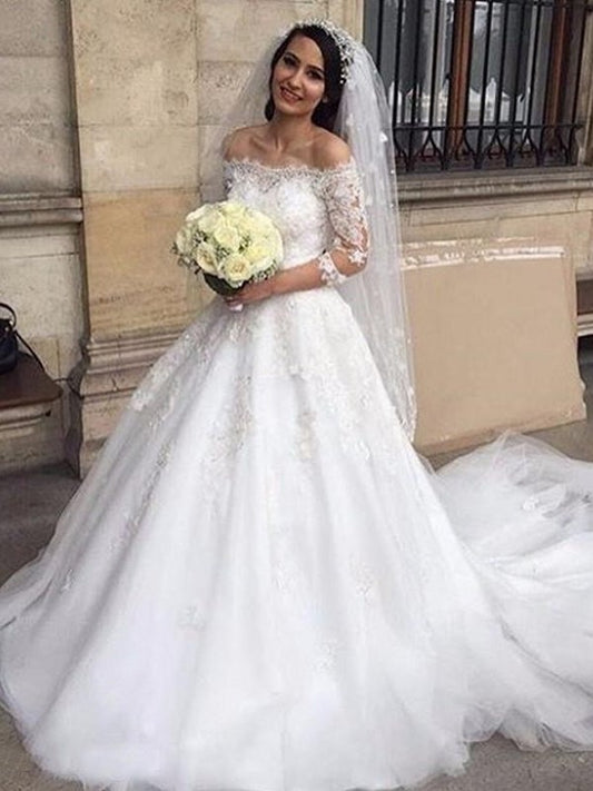 3/4 Tulle Sleeves Chapel Ball Gown Off-the-Shoulder Applique Train Wedding Dresses