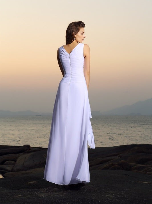 Pleats Sleeveless Chiffon V-neck Long A-Line/Princess Beach Wedding Dresses