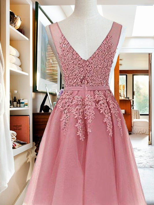Short V-neck Applique With Tulle A-Line Cut Pink Homecoming Dresses