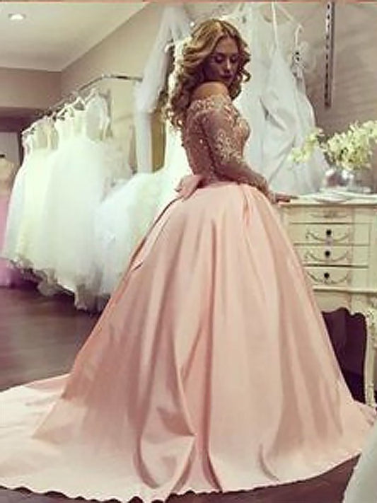 Off-the-Shoulder Beading Satin Ball Long Sleeves Gown Court Train Dresses