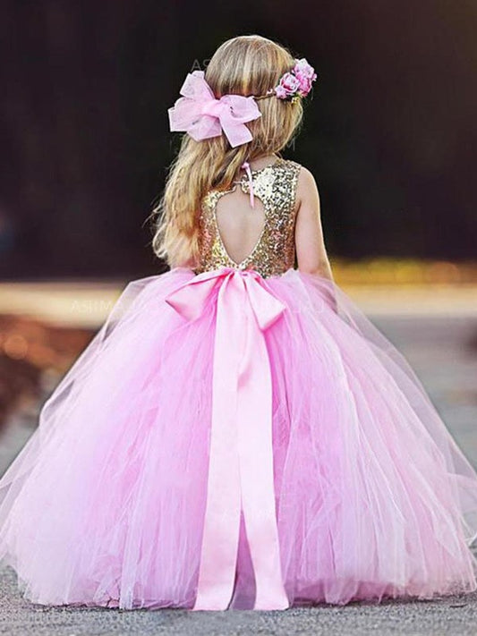 Tulle Sleeveless Floor-Length Sequin Scoop Ball Gown Flower Girl Dresses