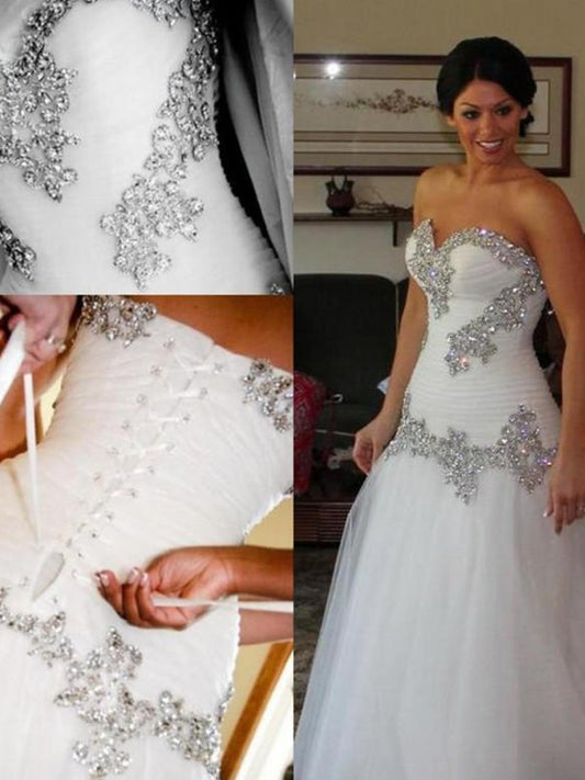 Sleeveless Tulle A-Line/Princess Rhinestone Sweetheart Floor-Length Wedding Dresses