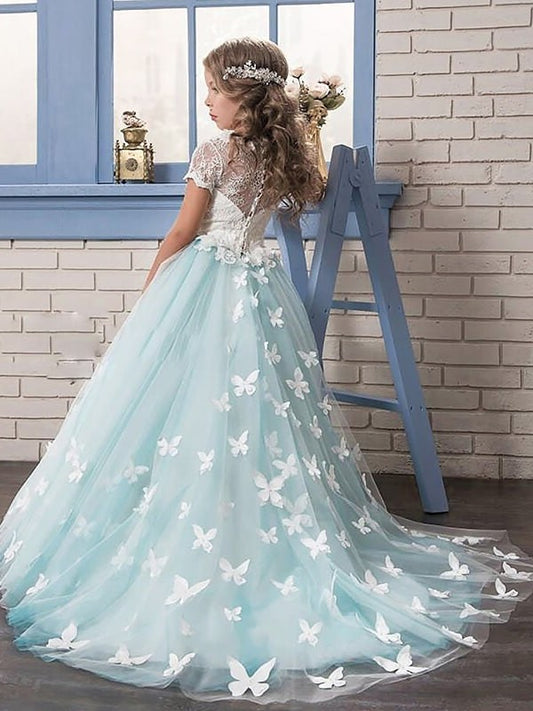 Scoop Short A-line/Princess Sleeves Floor-Length Lace Tulle Flower Girl Dresses