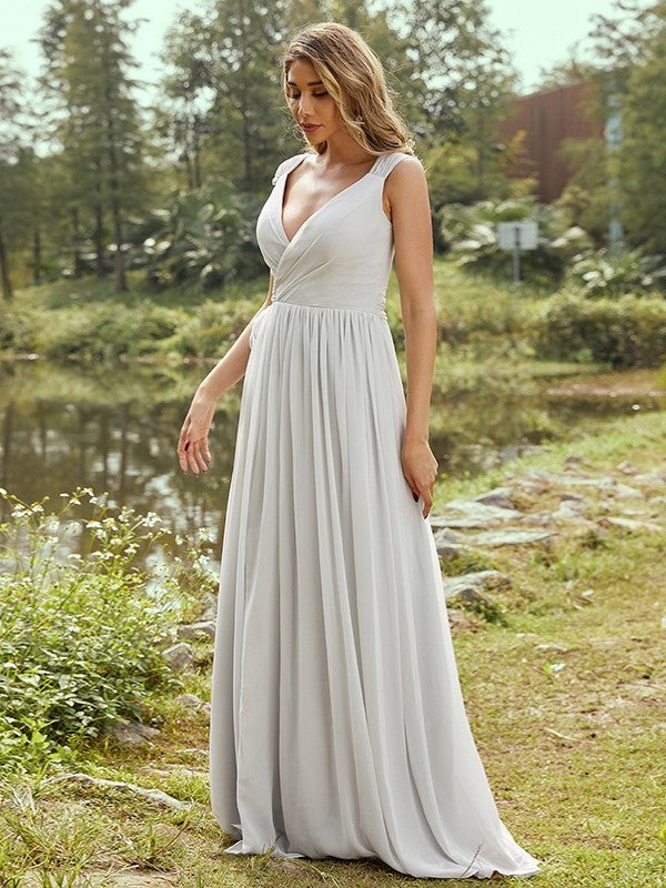 Chiffon Sleeveless V-neck Ruffles A-Line/Princess Floor-Length Bridesmaid Dresses