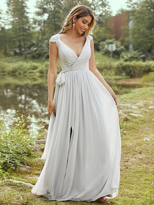 Chiffon Sleeveless V-neck Ruffles A-Line/Princess Floor-Length Bridesmaid Dresses