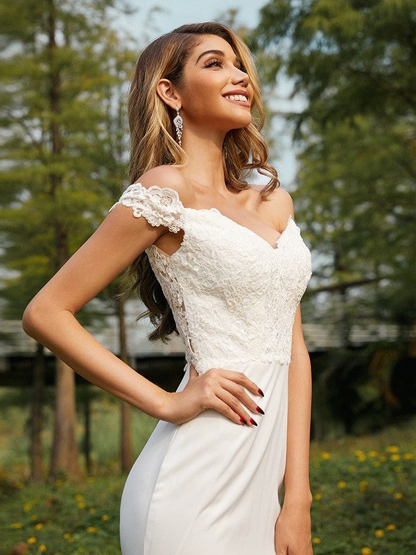 Sleeveless Sweep/Brush Charmeuse Lace A-Line/Princess Off-the-Shoulder Train Bridesmaid Dresses