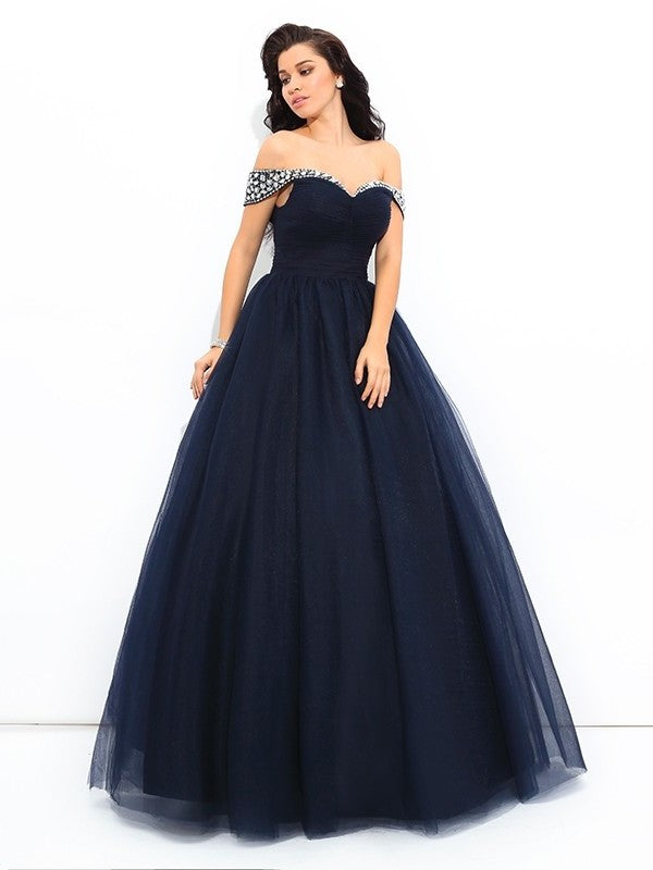 Long Sleeveless Beading Off-the-Shoulder Gown Ball Net Quinceanera Dresses