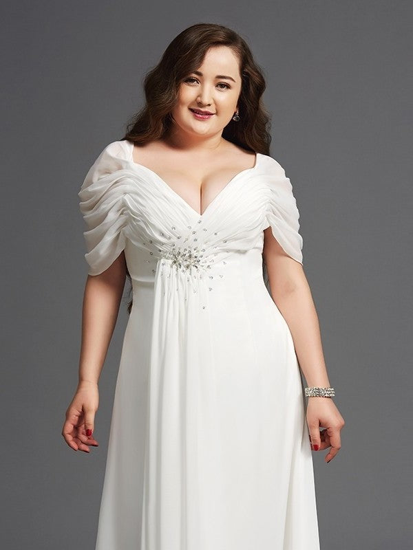 Long Ruched Short Sleeves A-Line/Princess Chiffon Off-the-Shoulder Plus Size Dresses
