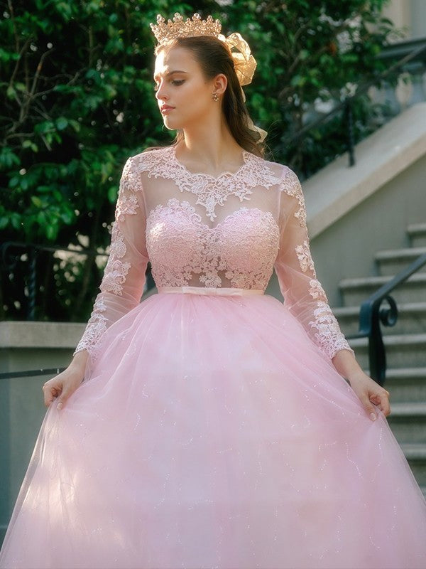 Gown Lace Long Sleeves Tulle Scoop Ball Sweep/Brush Train Dresses