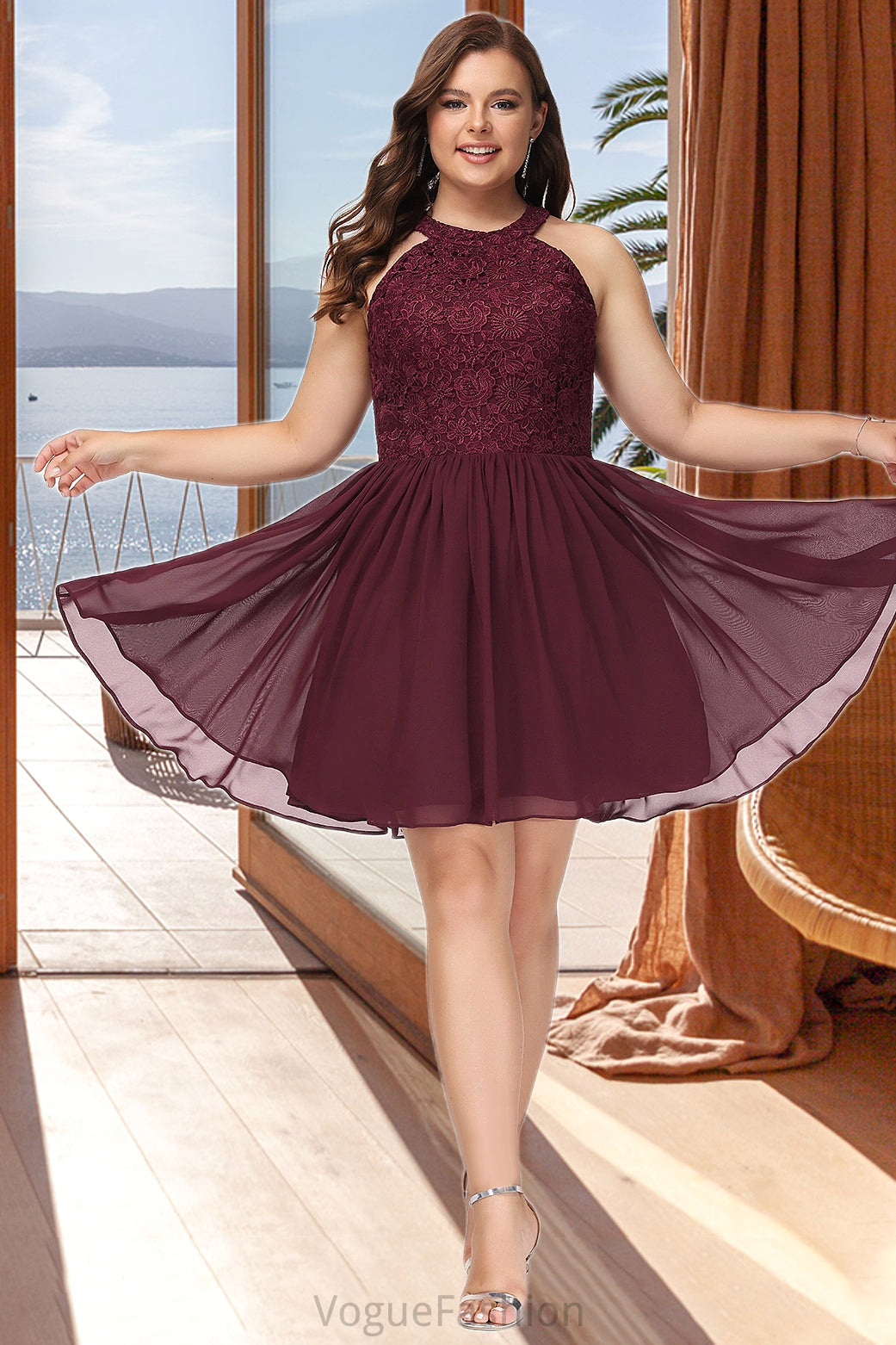 Lily A-line Scoop Short/Mini Chiffon Lace Homecoming Dress DKP0020555