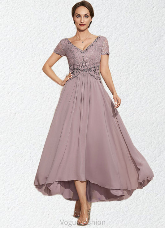 Zoe A-Line V-neck Asymmetrical Chiffon Lace Mother of the Bride Dress With Beading DK126P0014799