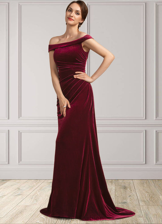 Marely Trumpet/Mermaid Off-the-Shoulder Sweep Train Velvet Mother of the Bride Dress With Ruffle DK126P0014988