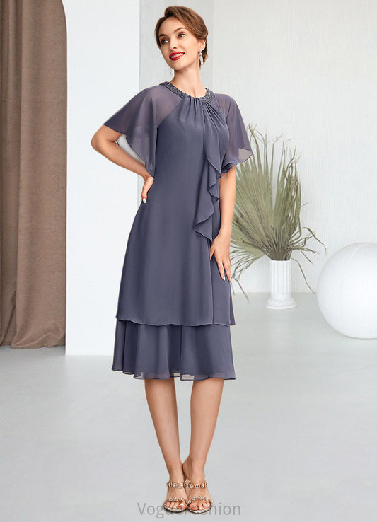 Marina A-Line Scoop Neck Knee-Length Chiffon Mother of the Bride Dress With Beading Sequins Cascading Ruffles DK126P0014993
