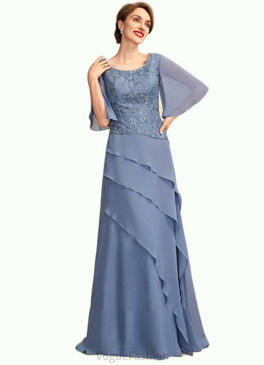 Urania A-Line Scoop Neck Floor-Length Chiffon Lace Mother of the Bride Dress With Sequins Cascading Ruffles DK126P0014997