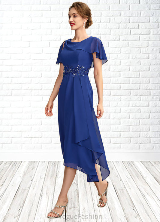 America A-Line Scoop Neck Asymmetrical Chiffon Mother of the Bride Dress With Beading Appliques Lace Cascading Ruffles DK126P0014998