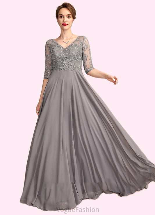 Marina A-Line V-neck Floor-Length Chiffon Lace Mother of the Bride Dress With Sequins DK126P0014999