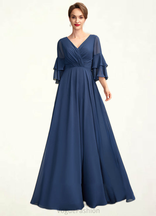 Mariyah A-Line V-neck Floor-Length Chiffon Mother of the Bride Dress With Cascading Ruffles DK126P0015003