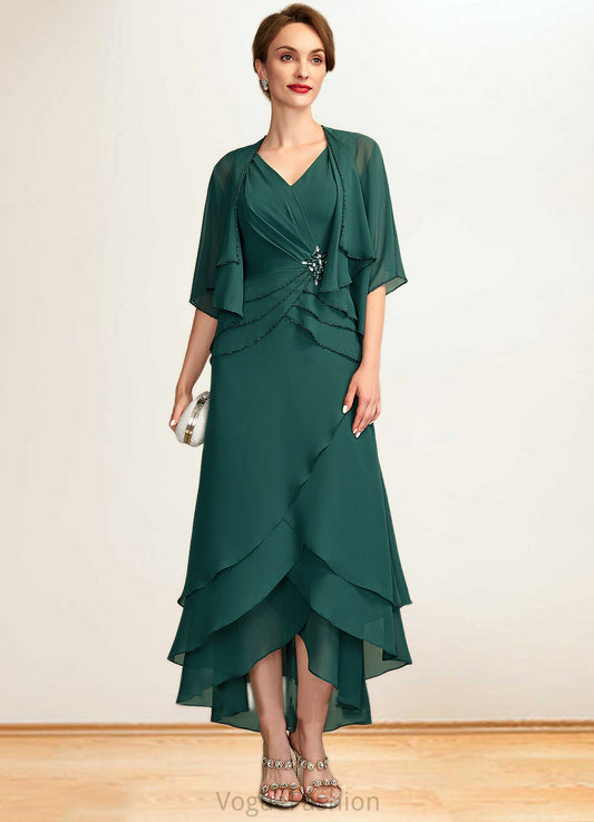 Ellie A-Line V-neck Asymmetrical Chiffon Mother of the Bride Dress With Beading Sequins Cascading Ruffles DK126P0015005
