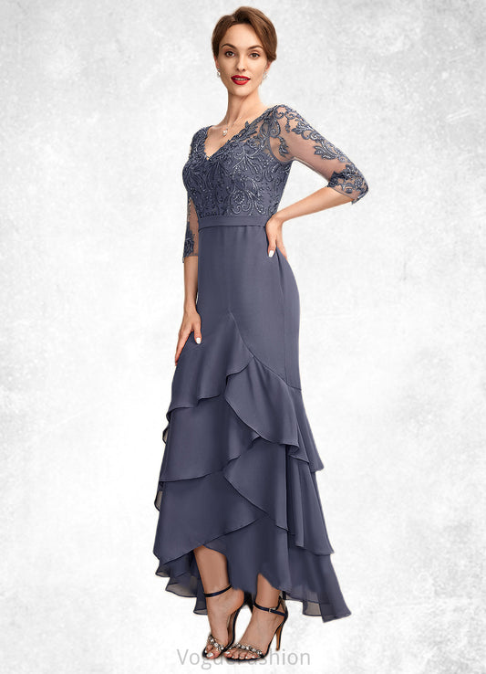 Janiyah Trumpet/Mermaid V-neck Asymmetrical Chiffon Lace Mother of the Bride Dress With Sequins Cascading Ruffles DK126P0015007