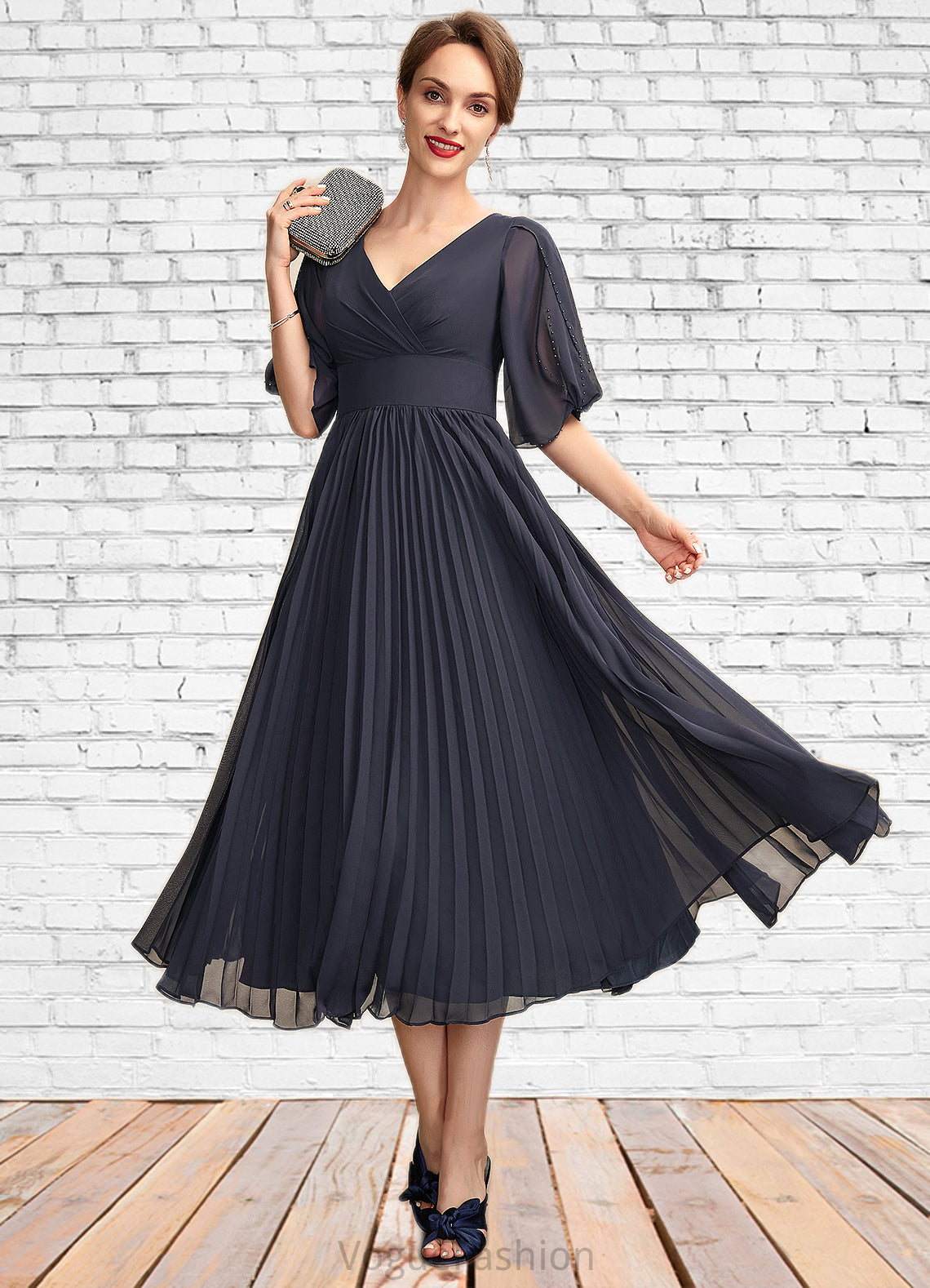 Adelaide A-Line V-neck Tea-Length Chiffon Mother of the Bride Dress With Pleated DK126P0015012