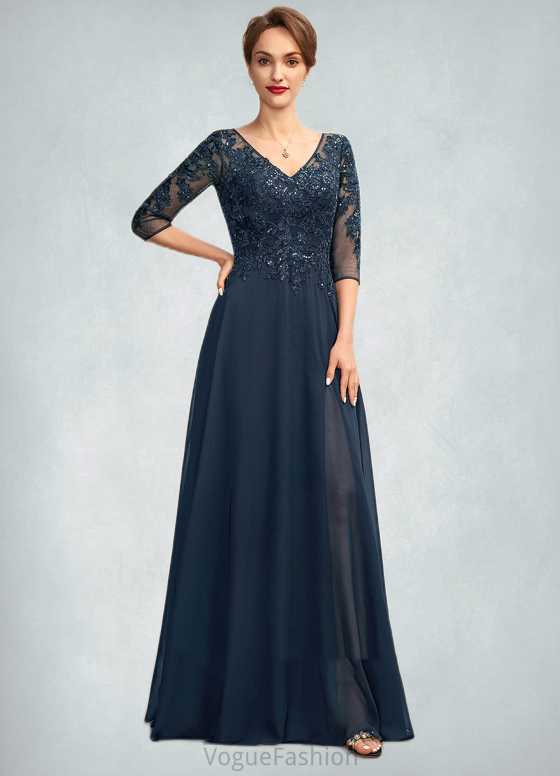 Aliya A-Line V-neck Floor-Length Chiffon Lace Mother of the Bride Dress With Sequins Split Front DK126P0015014