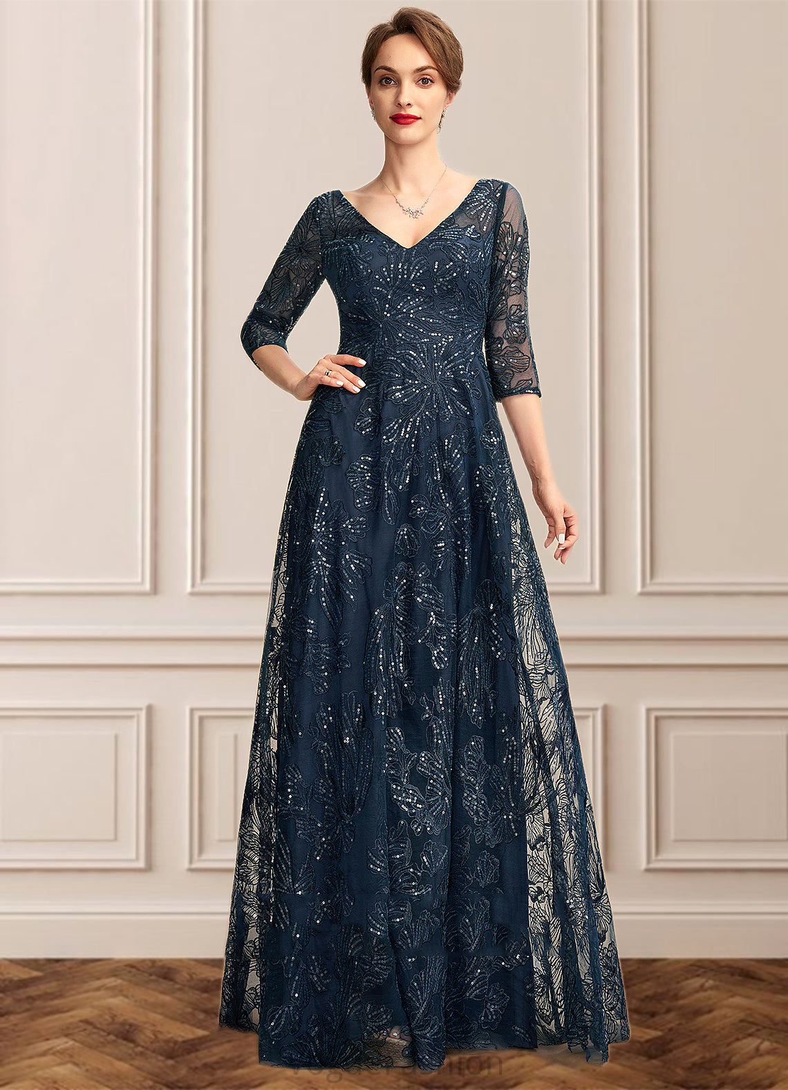Kelsie A-Line V-neck Floor-Length Lace Mother of the Bride Dress With Sequins DK126P0015015