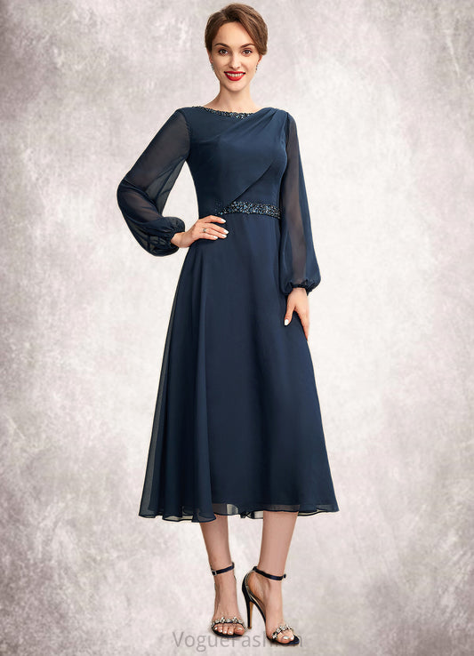 Nora A-Line Scoop Neck Tea-Length Chiffon Mother of the Bride Dress With Beading Sequins DK126P0015018