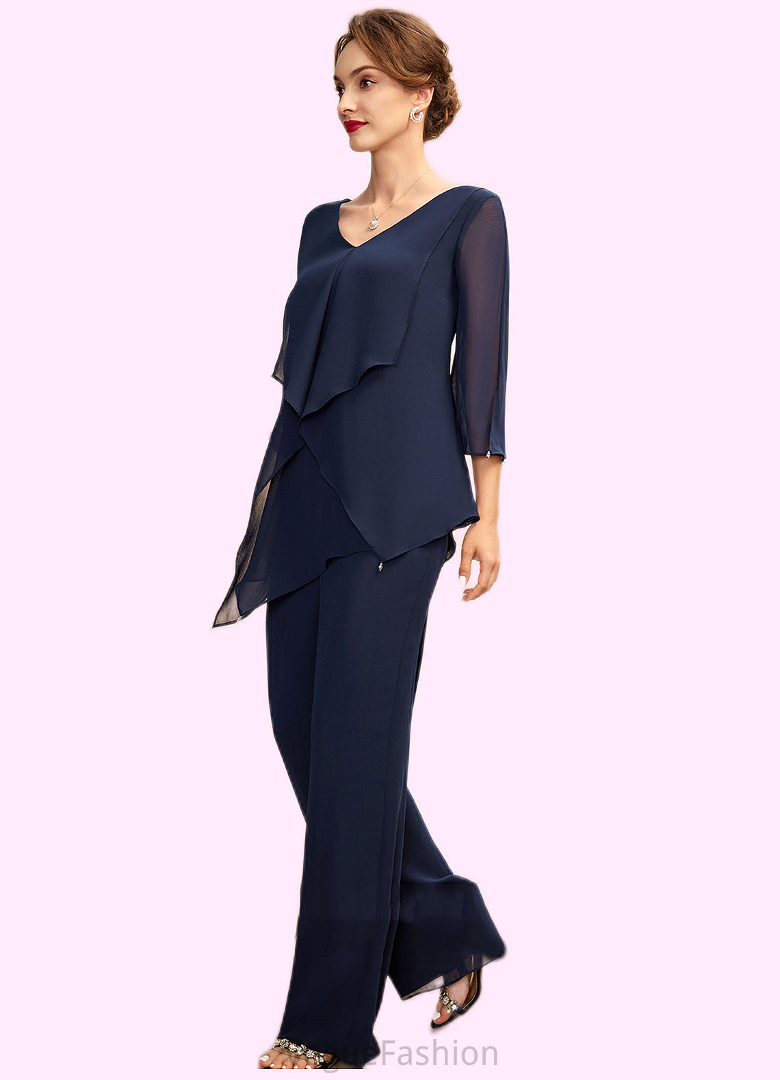 Jasmine Jumpsuit/Pantsuit V-neck Floor-Length Chiffon Mother of the Bride Dress With Cascading Ruffles DK126P0015019
