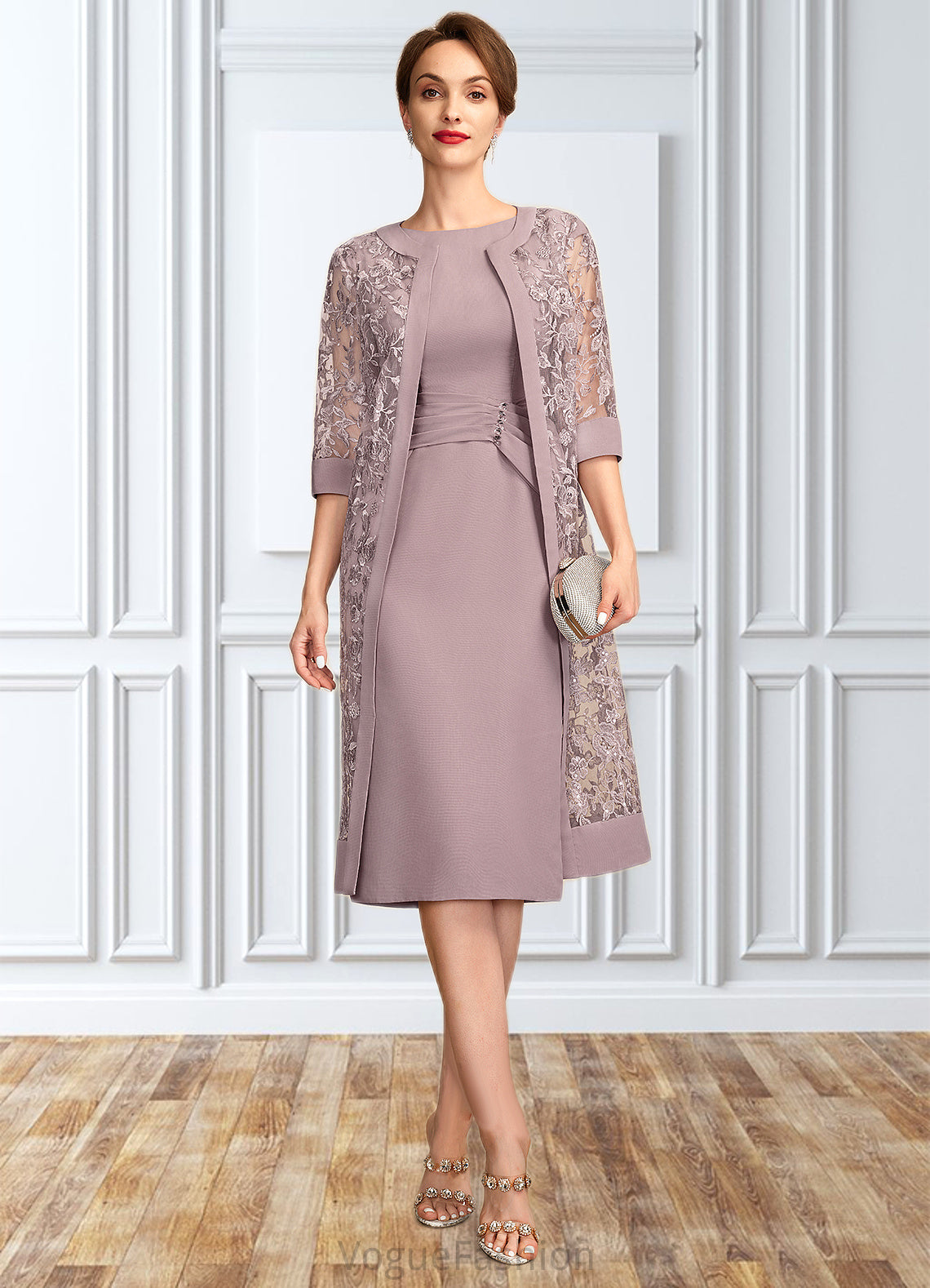 Emma Sheath/Column Scoop Neck Knee-Length Chiffon Mother of the Bride Dress With Ruffle Sequins DK126P0015023