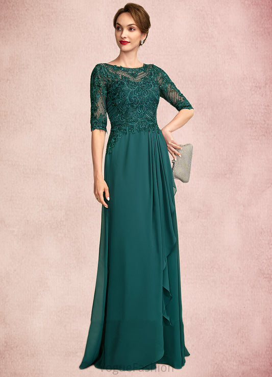Everleigh A-Line Scoop Neck Floor-Length Chiffon Lace Mother of the Bride Dress With Beading Sequins Cascading Ruffles DK126P0015027