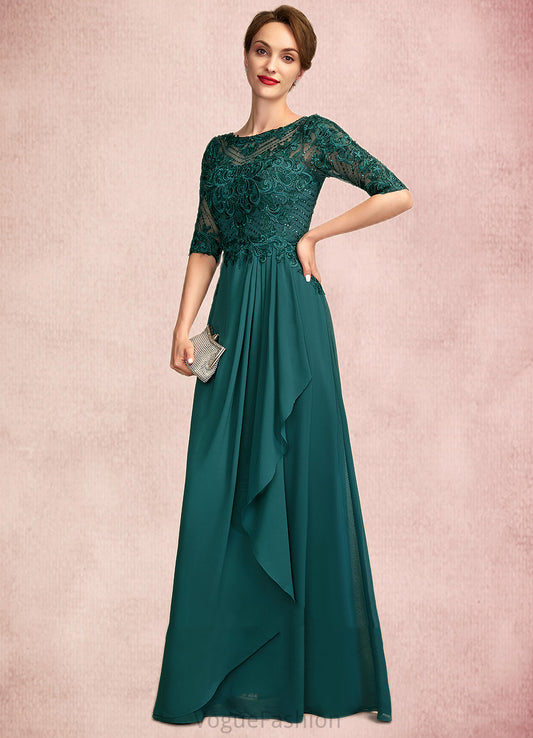 Everleigh A-Line Scoop Neck Floor-Length Chiffon Lace Mother of the Bride Dress With Beading Sequins Cascading Ruffles DK126P0015027