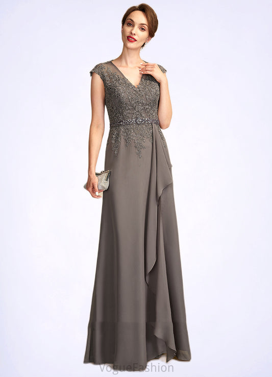 Scarlett A-Line V-neck Floor-Length Chiffon Lace Mother of the Bride Dress With Beading Sequins Cascading Ruffles DK126P0015030