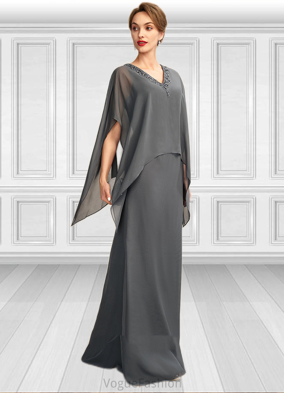 Ida A-line V-Neck Floor-Length Chiffon Mother of the Bride Dress With Beading Sequins DK126P0015031