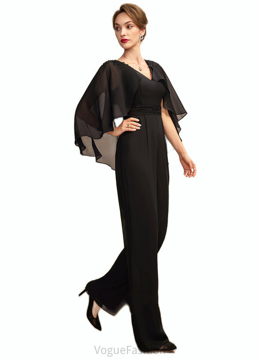 Ashly Jumpsuit/Pantsuit V-neck Floor-Length Chiffon Mother of the Bride Dress With Ruffle Beading Appliques Lace Sequins DK126P0015033
