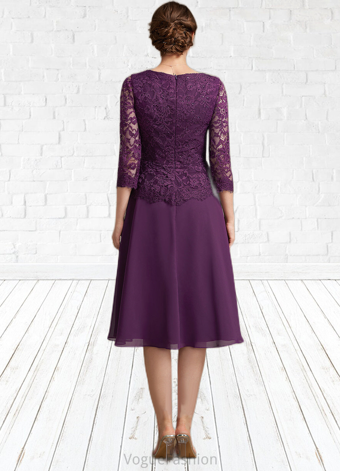 Audrey A-Line V-neck Knee-Length Chiffon Lace Mother of the Bride Dress With Beading Sequins DK126P0015035