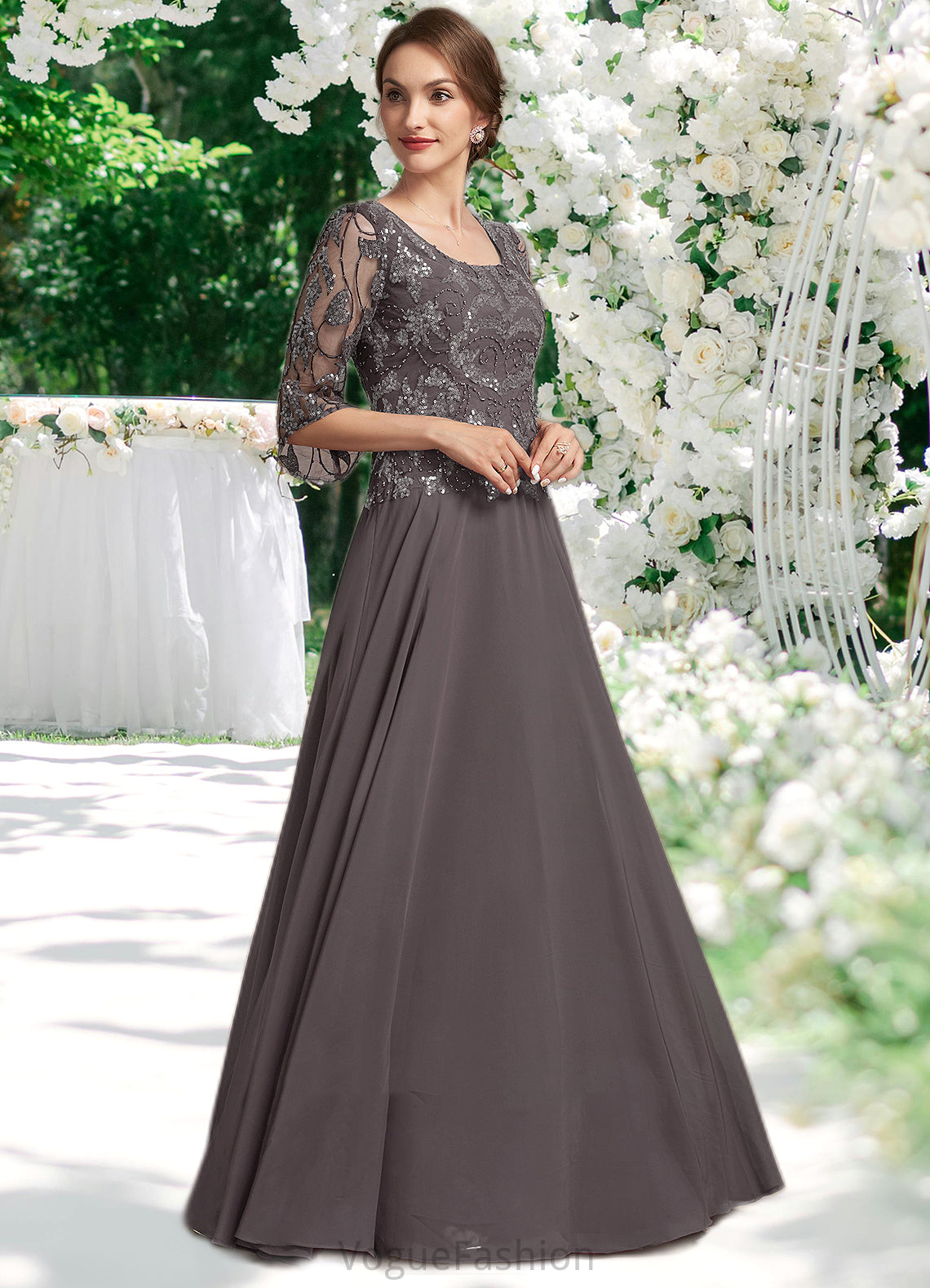 Olympia A-Line Scoop Neck Floor-Length Chiffon Lace Mother of the Bride Dress With Beading Sequins DK126P0015036