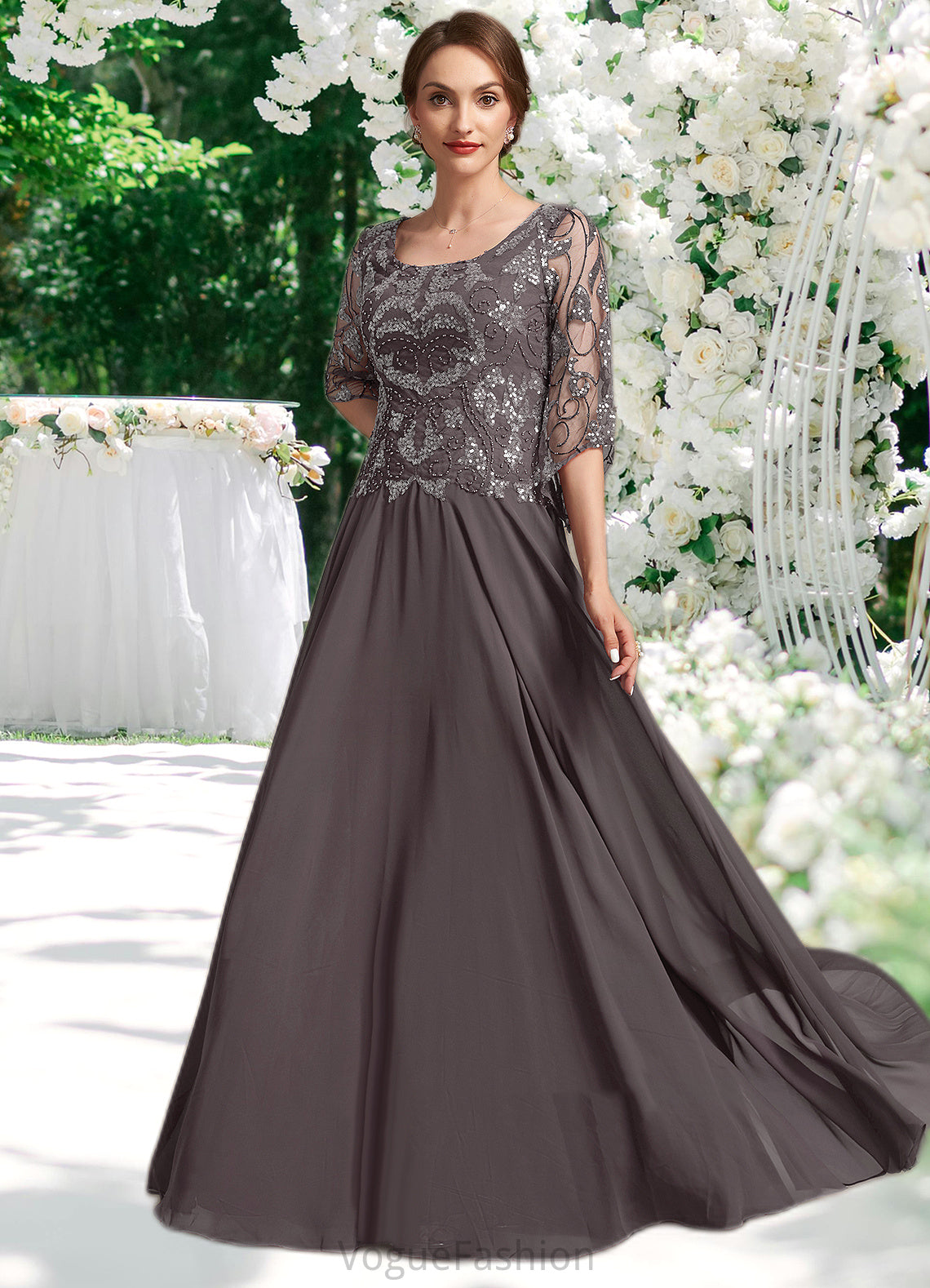Olympia A-Line Scoop Neck Floor-Length Chiffon Lace Mother of the Bride Dress With Beading Sequins DK126P0015036