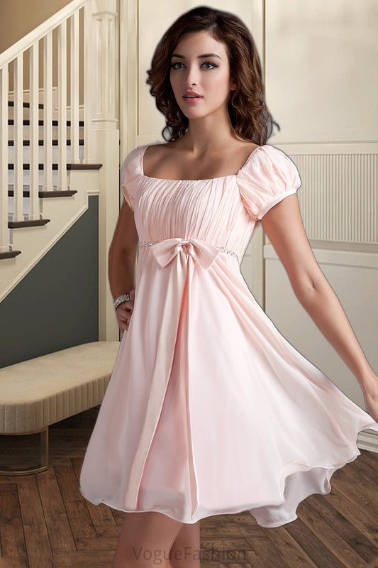 Emilia A-line Square Short/Mini Chiffon Satin Homecoming Dress With Beading Bow Ruffle DKP0020597