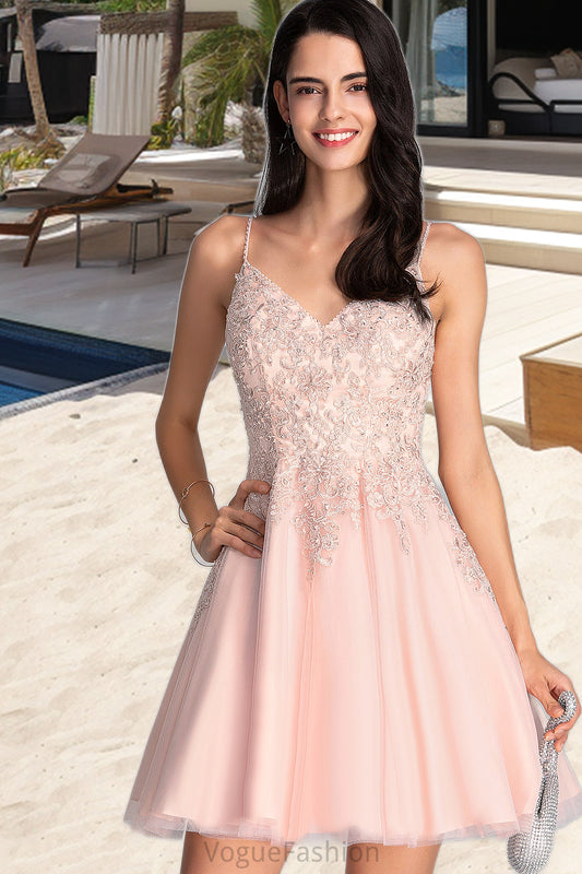 Marlee A-line V-Neck Short/Mini Tulle Homecoming Dress With Beading DKP0020538